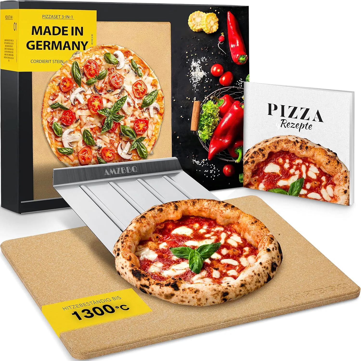 Bild von AMZBBQ Premium Pizzastein Set aus drei Teilen mit Edelstahl Pizzaschieber und Rezeptbuch, geeignet für Backofen und Gasgrill bis 1300 Grad Celsius, hergestellt in Deutschland
