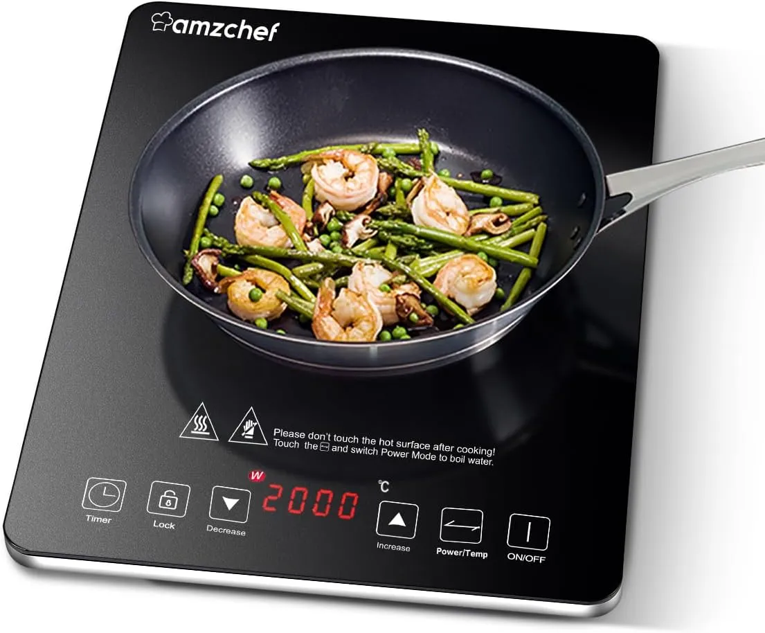 Bild von AMZCHEF Induktionskochfeld mit 2000W und ultradünnem Design, 20 Temperatur- und Leistungseinstellungen sowie 3-Stunden-Timer und Sicherheitsschloss