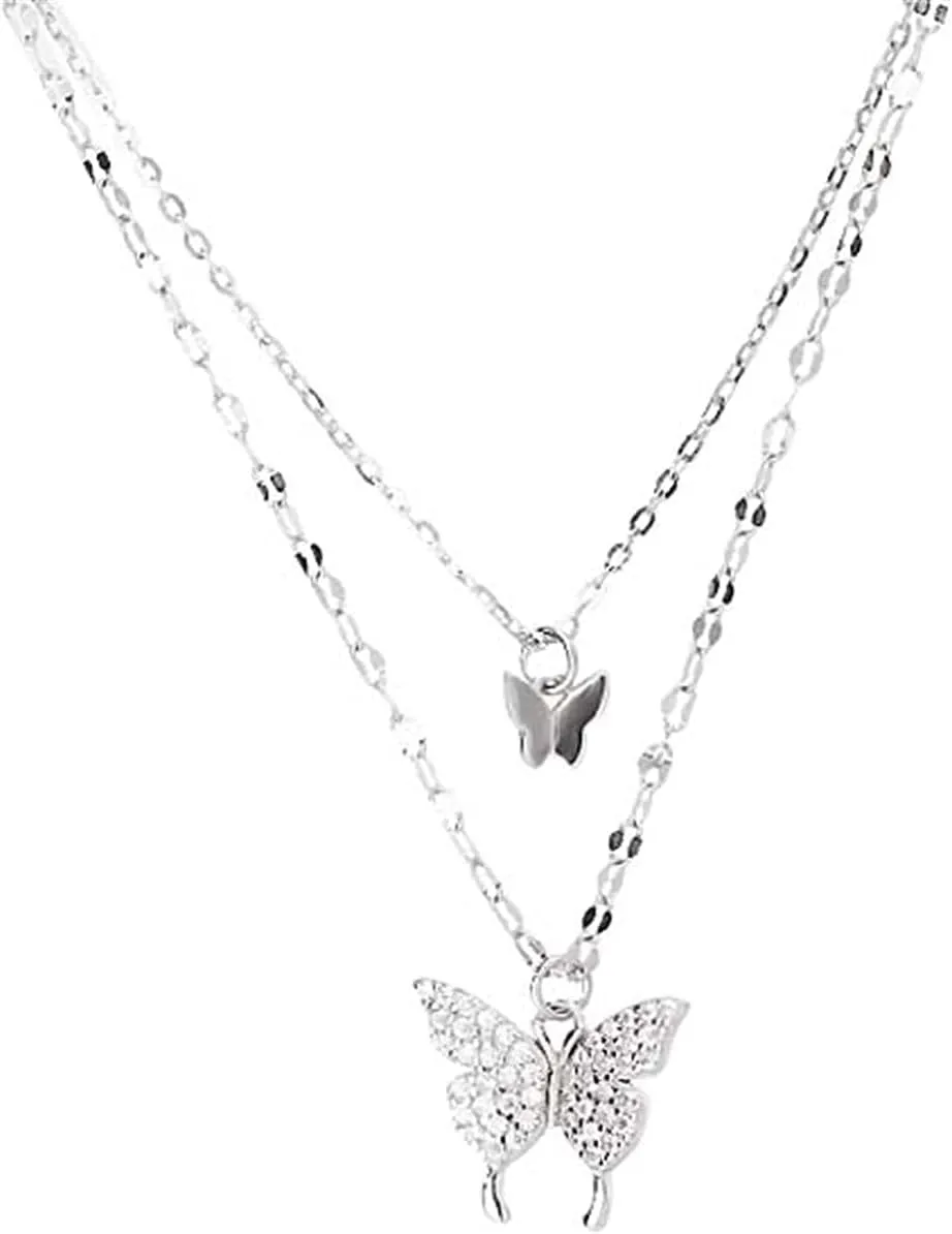 Bild von Angelkiss 925 Sterling Silber Halskette mit glänzendem Schmetterling und Doppelschicht Anhänger