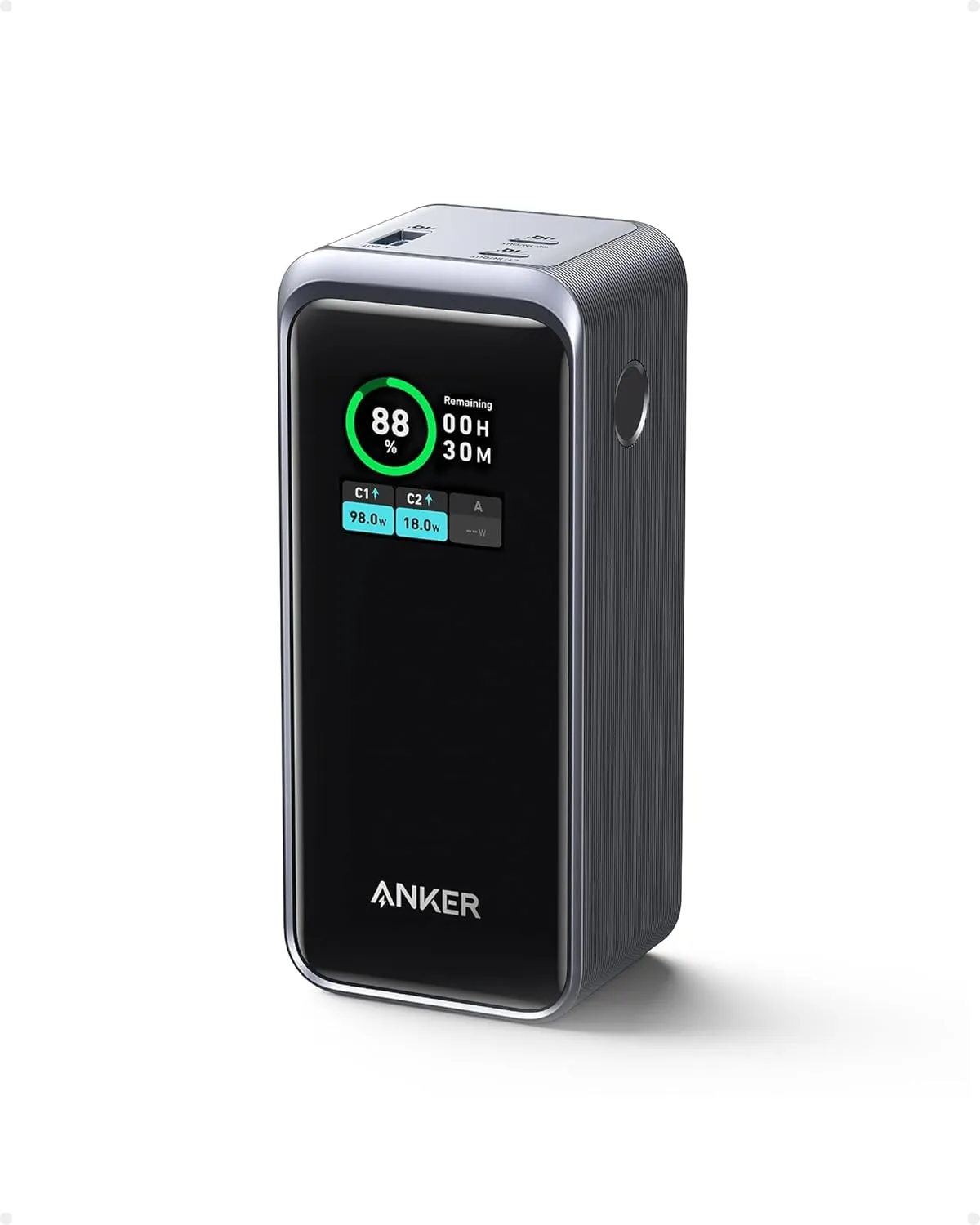 Bild von Anker Prime Powerbank mit 20000 mAh und 200 Watt Leistung, ausgestattet mit digitalem Display, zwei USB-C und einem USB-A Port.