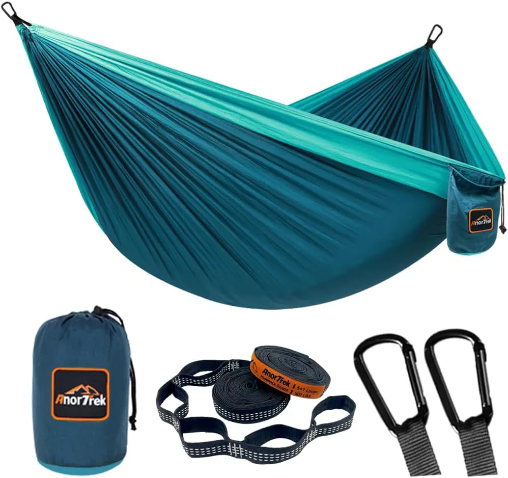 Bild von AnorTrek Camping Hängematte aus leichtem Nylon mit zwei Baumgurten in Blau und Dunkelblau