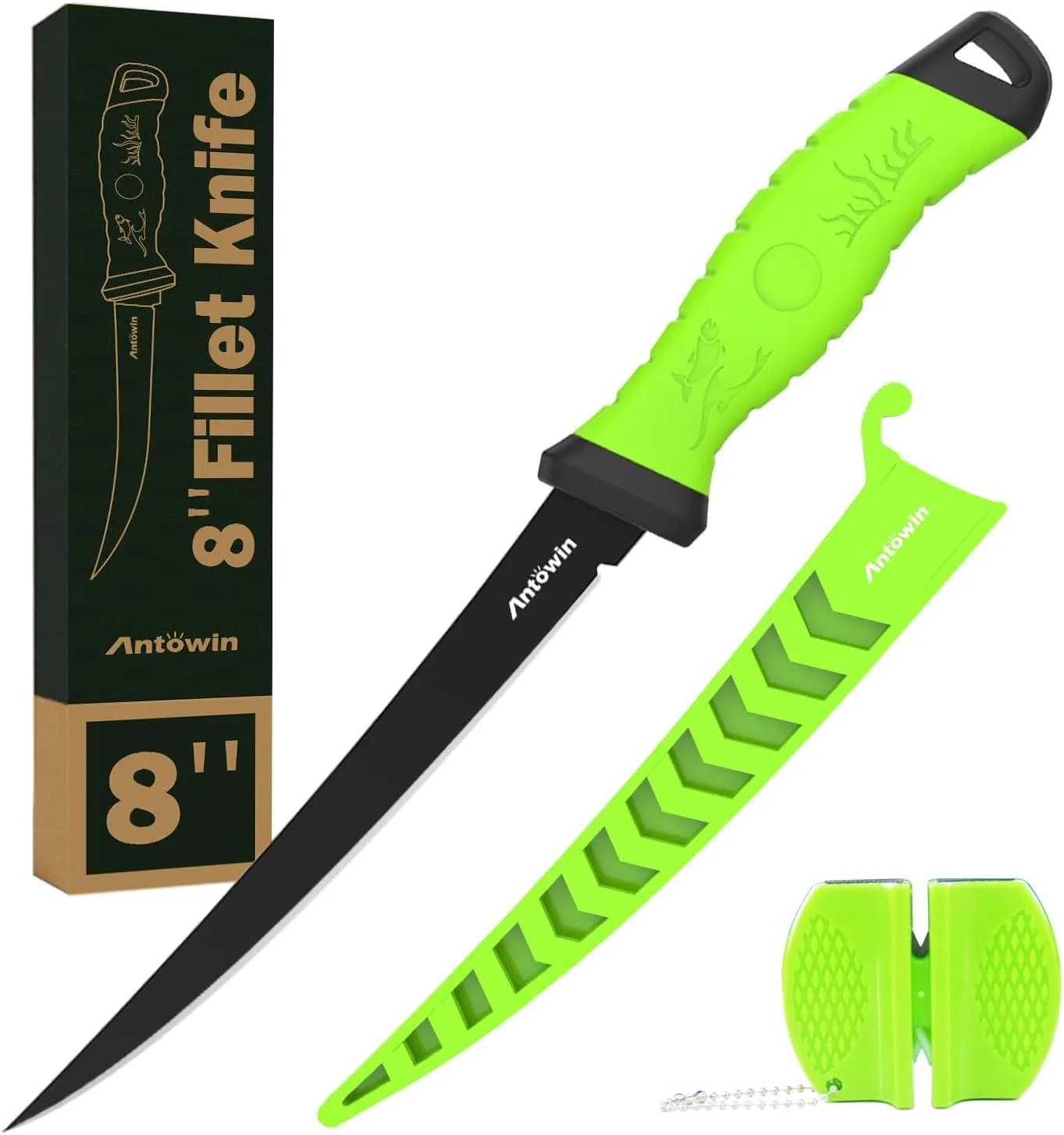 Bild von ANTOWIN Filetiermesser Set mit 20,3 cm Klinge und Schärfer, ergonomischer ABS Griff, flexibel und extrem scharf für Fisch und Fleisch