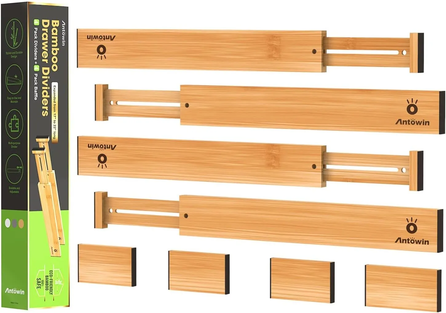 Bild von ANTOWIN verstellbarer Schubladentrenner aus Bambus für Schubladen von 43 bis 56 cm