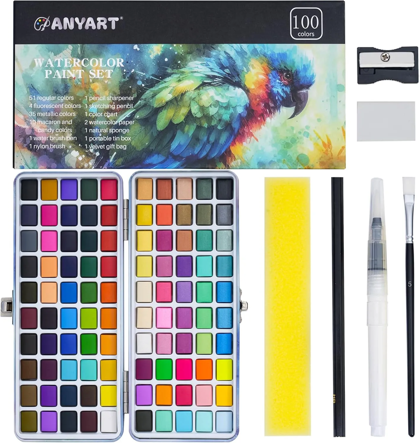 Bild von Anyart Aquarellfarben Set mit 100 Farben in praktischer Box inklusive Pinsel und Aquarellpapier für Künstler und Malerei-Liebhaber