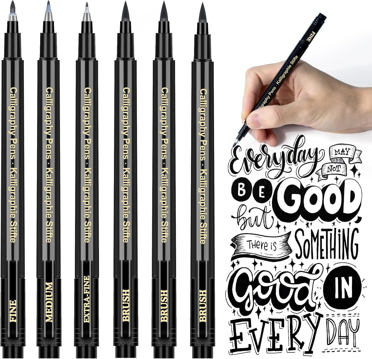 Bild von APOGO Kalligraphie Set mit 6 Brush Pens in Schwarz für Handlettering und Bullet Journals