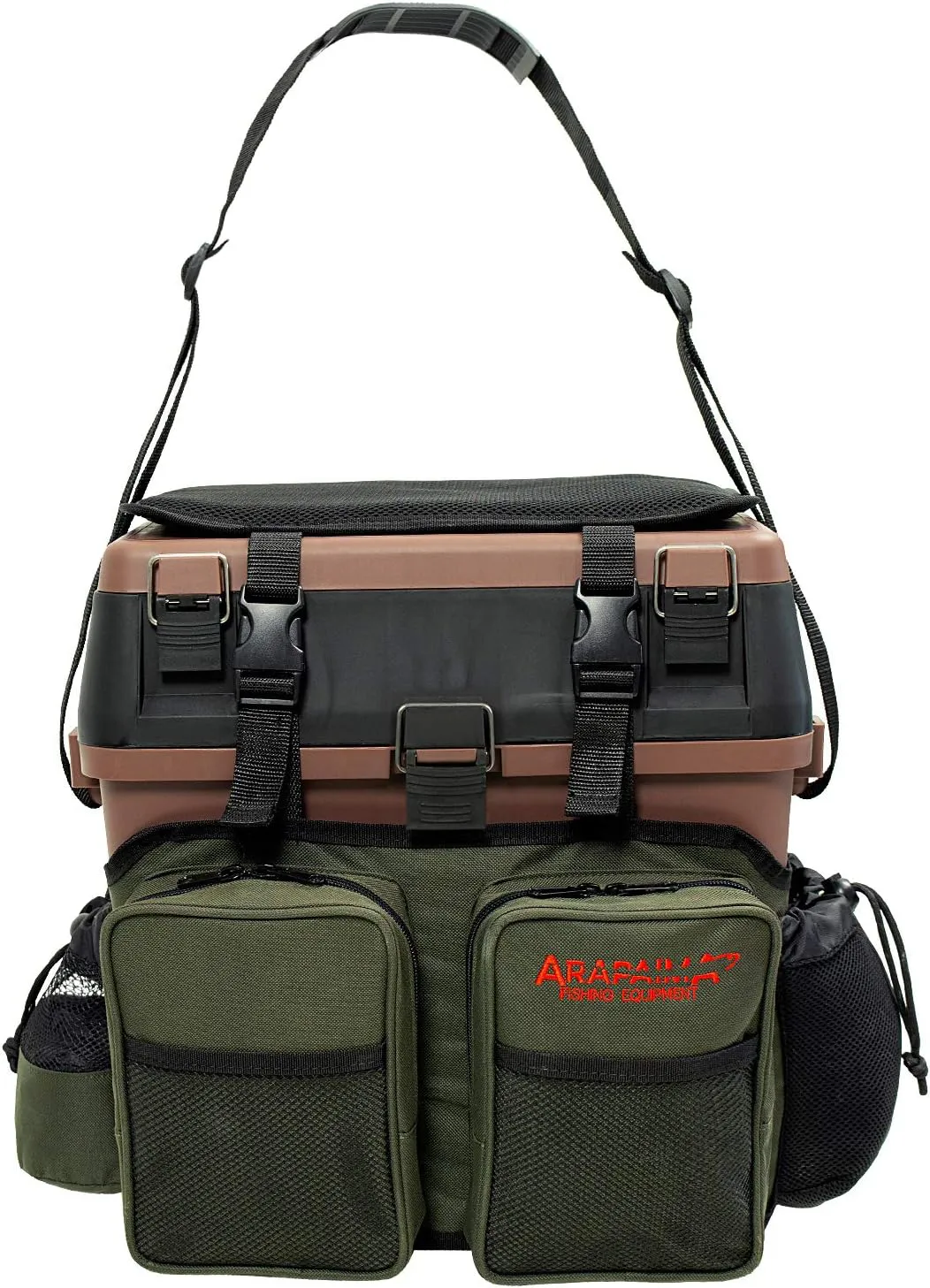 Bild von Arapaima Fishing Equipment Sitzkiepe Angelbox Angelrucksack mit 4 Kunststoffboxen in Braun und Grün
