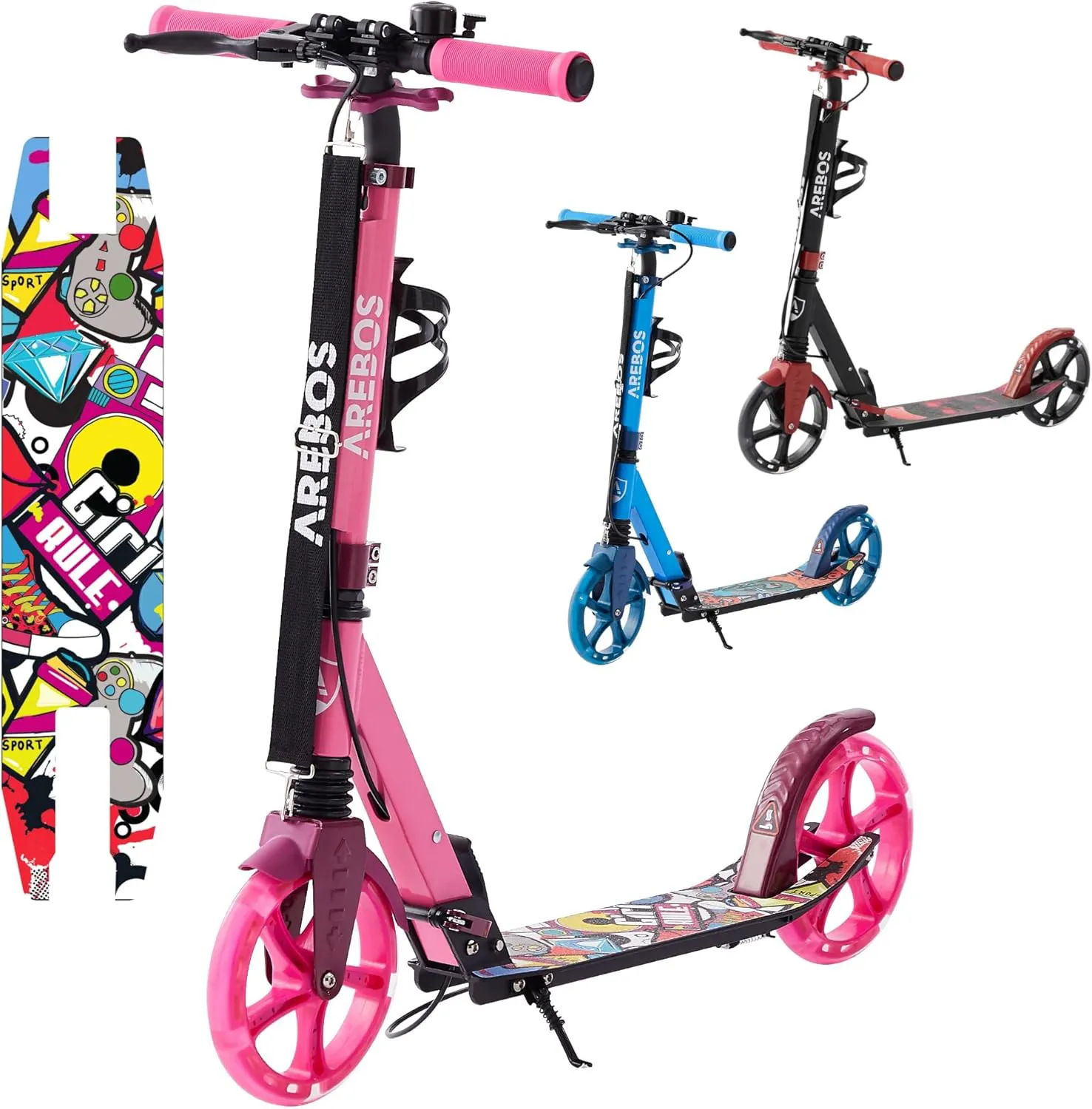 Bild von Arebos Cityroller mit LED, höhenverstellbar und klappbar, inklusive Tragegurt, für Kinder und Erwachsene bis 100 kg belastbar