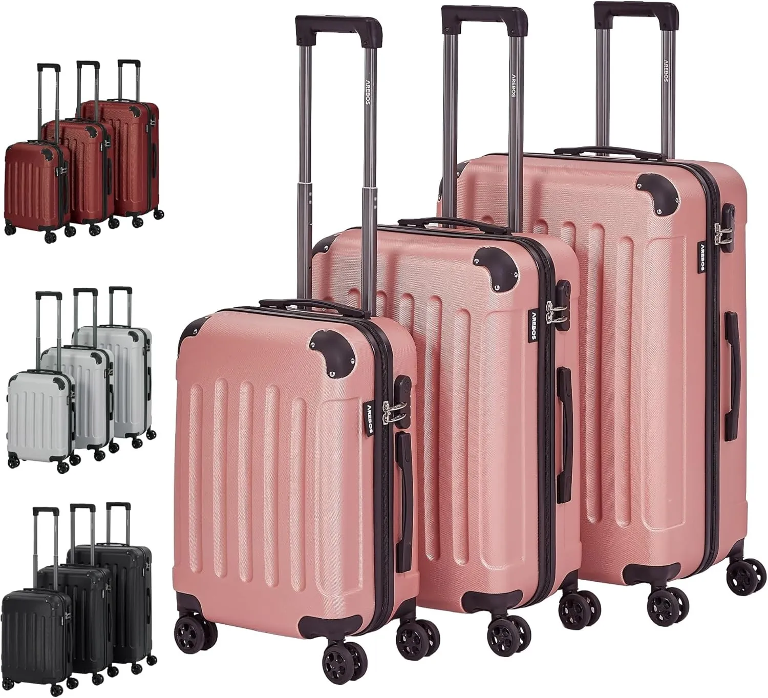 Bild von Arebos Hartschalenkofferset mit 3 Teilen in Rosé-Gold, inklusive Teleskopgriff, Reißverschluss-Schloss und 360° Rollen