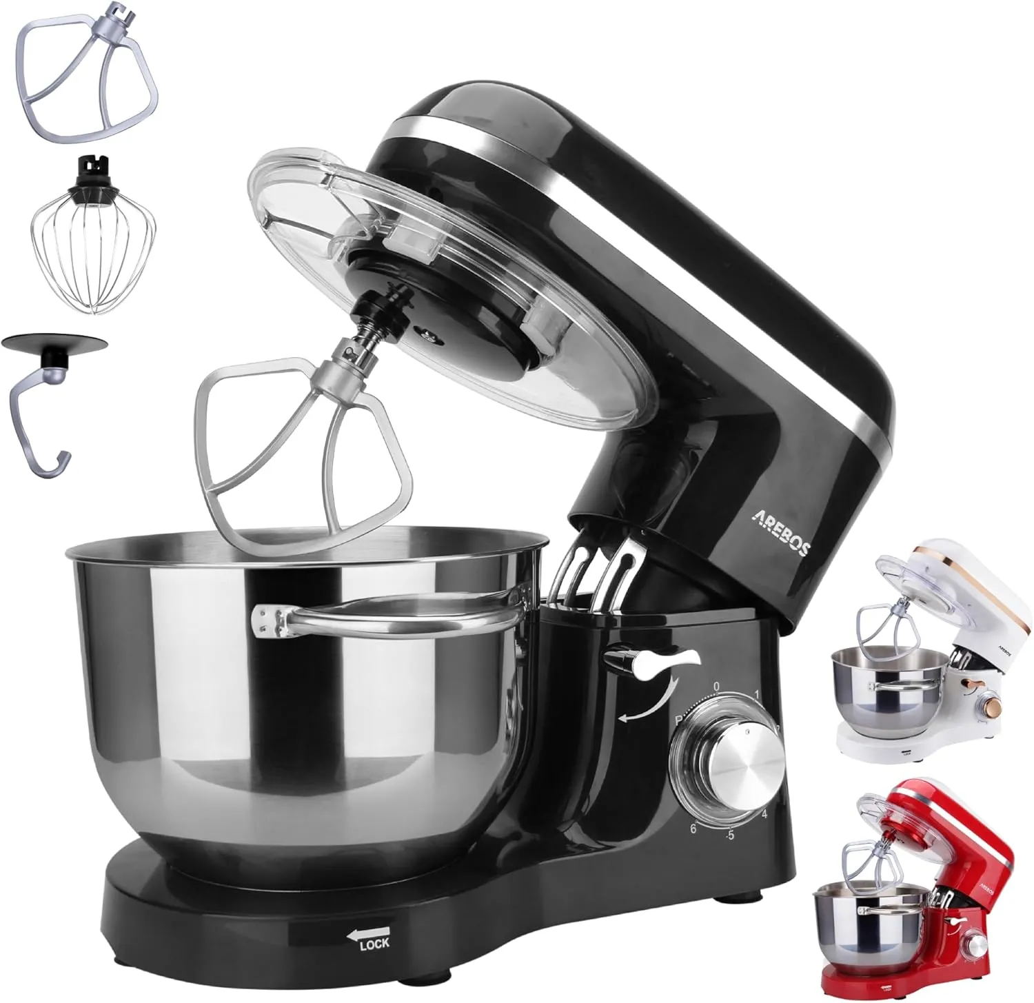 Bild von Arebos Küchenmaschine mit 1500 Watt und 6 Litern Edelstahl-Rührschüssel in Schwarz, inklusive Rührhaken, Knethaken, Schneebesen und Spritzschutz, mit 6 Geschwindigkeiten