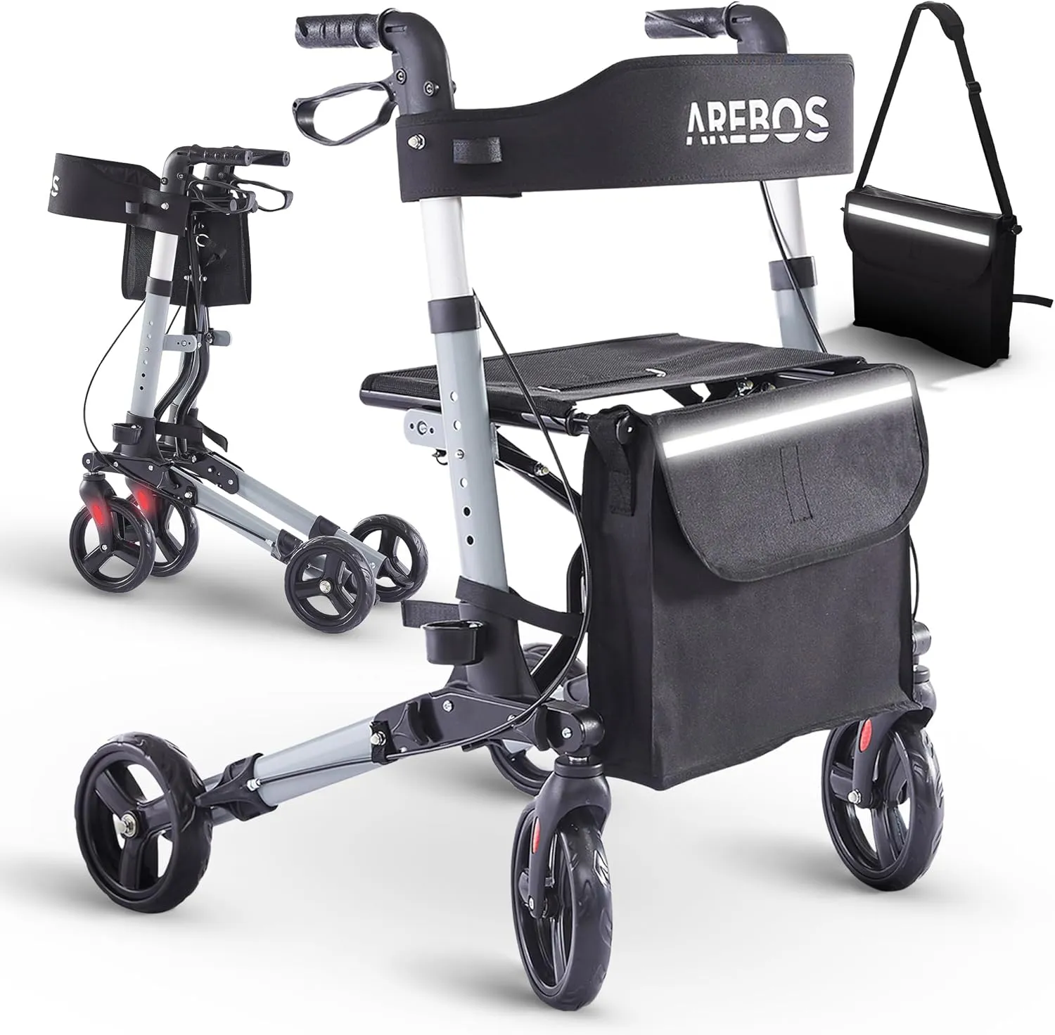 Bild von Arebos Leichtgewicht Rollator aus Aluminium, faltbar und 6-fach höhenverstellbar, inklusive Stockhalter und abnehmbarer Einkaufstasche, in Schwarz