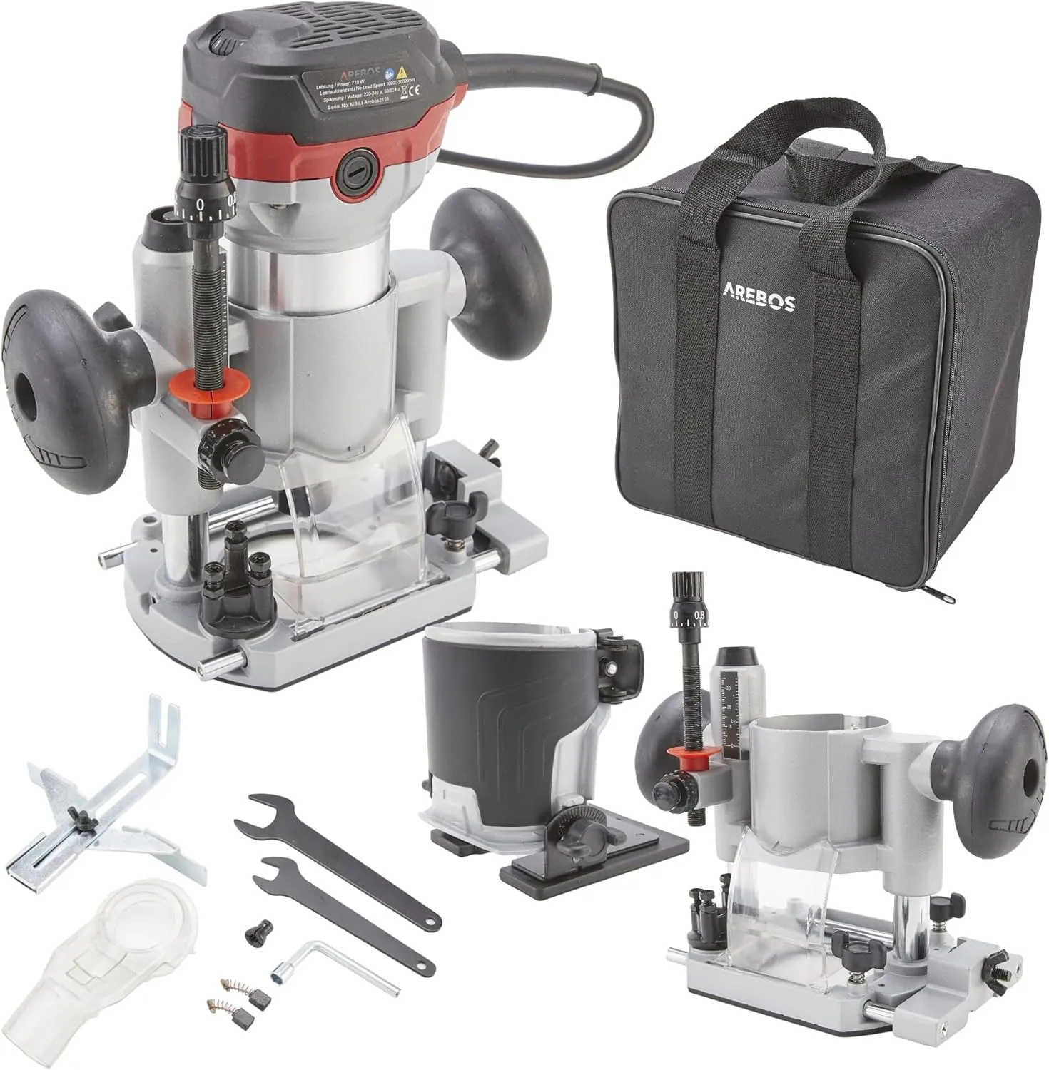 Bild von Arebos Oberfräse mit 710 Watt, 6 Geschwindigkeitsstufen, Tauchbasis, Trimmer und Spannzangen für 6 und 8 mm, inklusive Werkzeugtasche