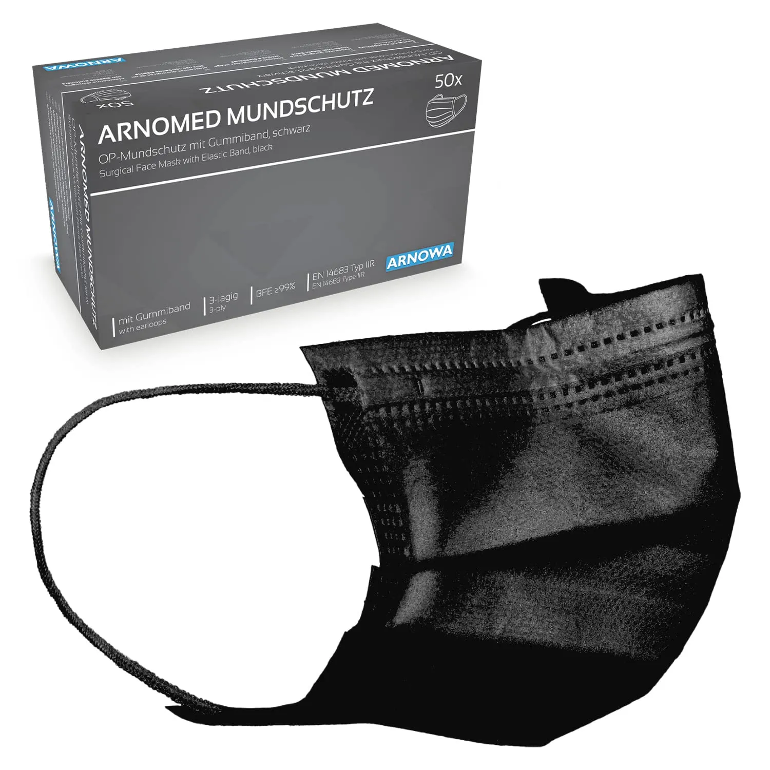 Bild von ARNOMED Medizinische Masken Schwarz Typ IIR im 50er Pack, 4-lagig und CE zertifiziert