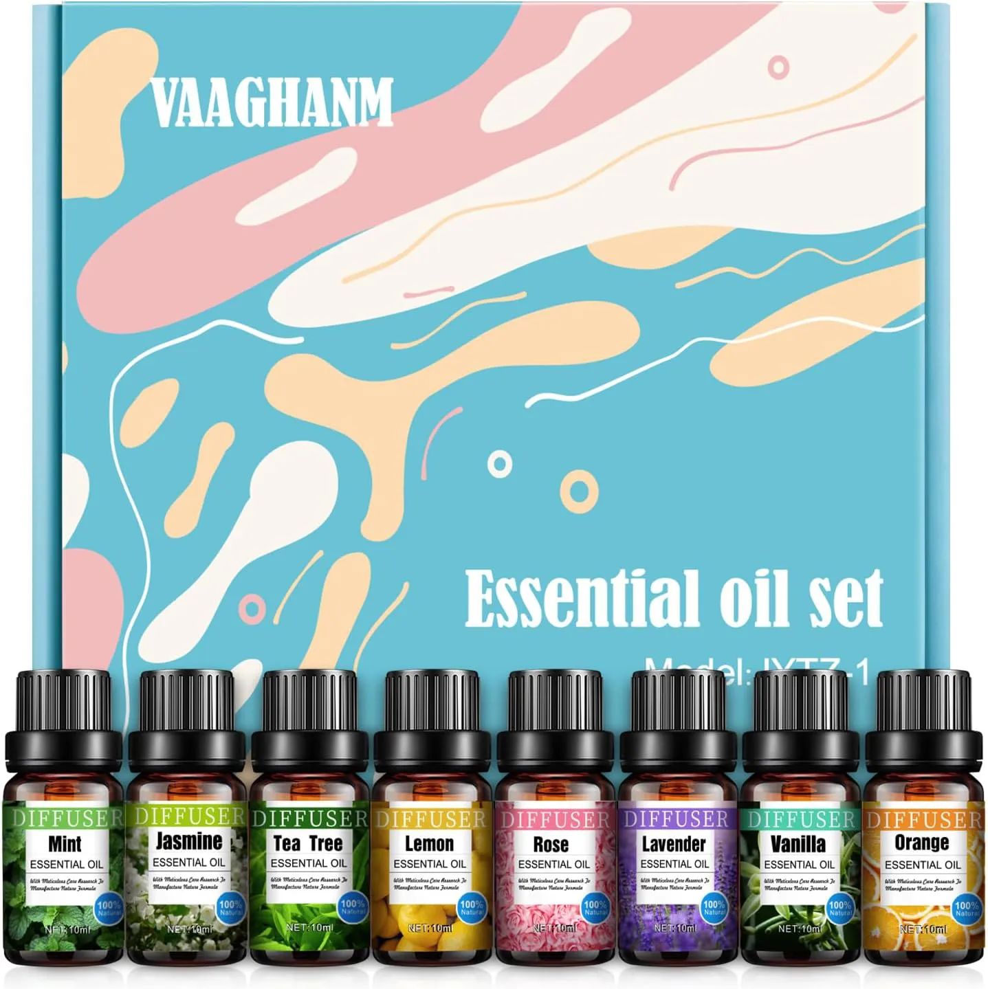 Bild von Aromatherapie Ölset mit 8 x 10 ml für Diffusoren, inklusive Teebaum, Minze, Jasmin, Vanille, Zitrone, Rose, Orange und Lavendel