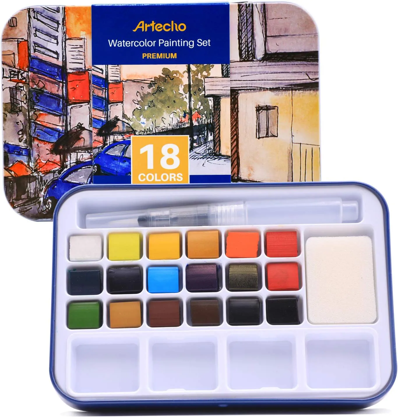 Bild von Artecho Aquarellfarben Set mit 18 Farben und Wassertankpinsel, tragbar und ideal für Anfänger und Profis