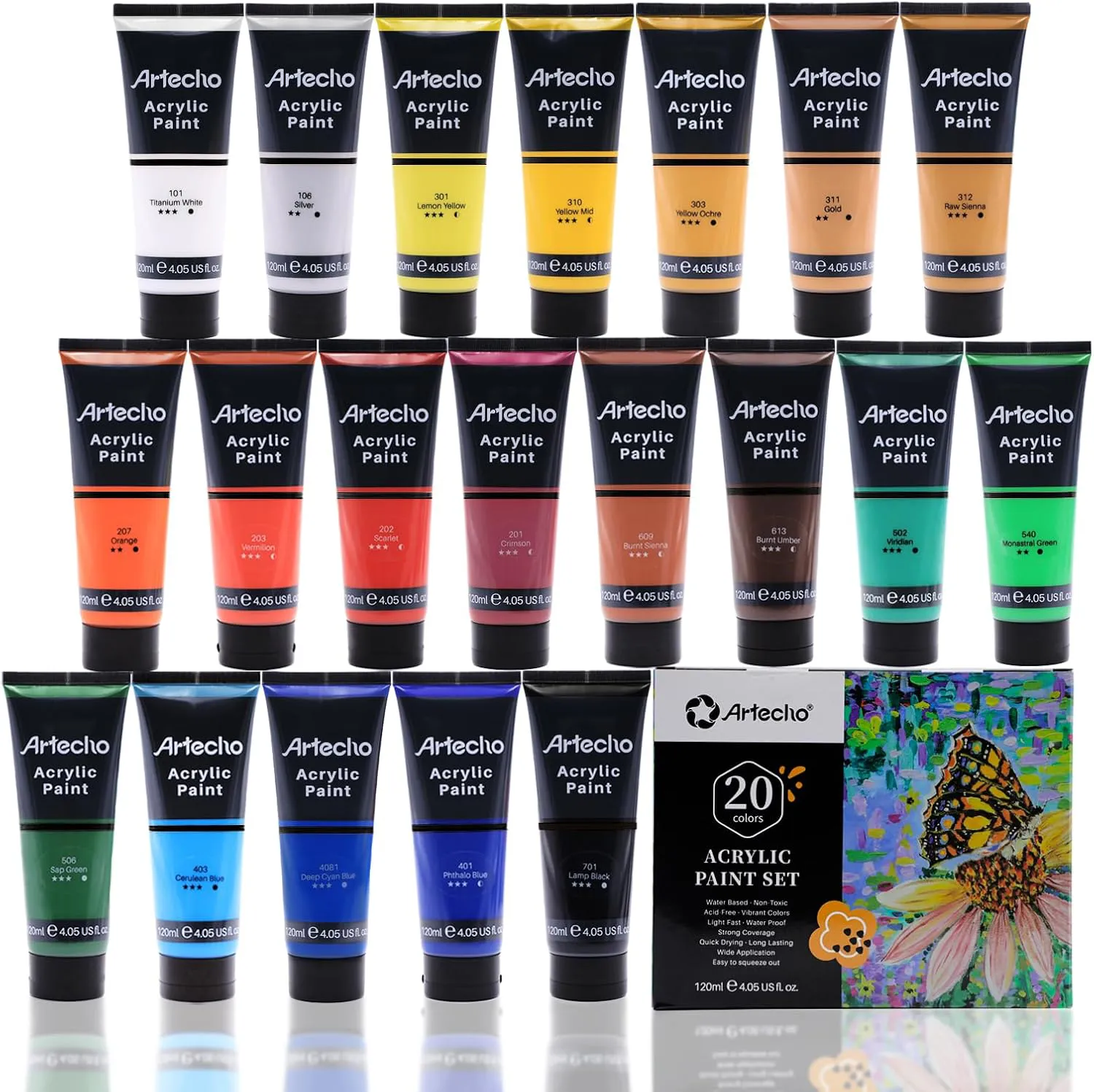 Bild von Artecho Professional Acrylfarben Set mit 20 Tuben à 120 ml, wasserfest und lichtecht, ideal für verschiedene Materialien