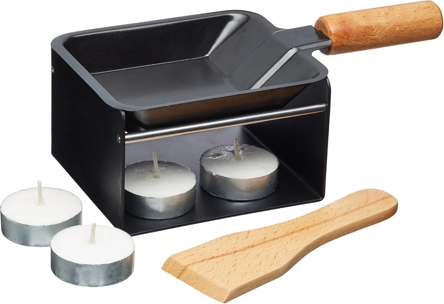 Bild von Artesà Mini-Raclette-Grill für 1-2 Personen mit antihaftbeschichteten Pfännchen, Holzspatel und 2 Kerzen in Schwarz und Beige