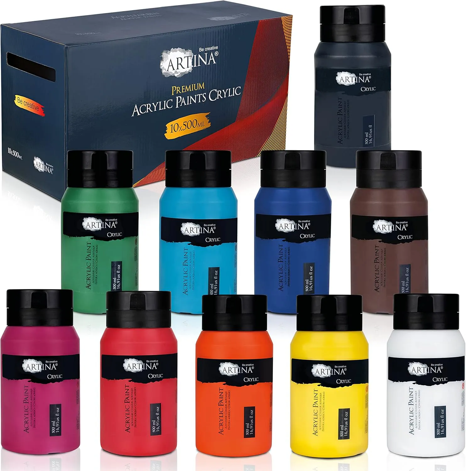 Bild von Artina 10er Set Acrylfarben mit 500 ml Tuben, schnelltrocknend und wasserfest, hohe Pigmentierung für lebendige Farben
