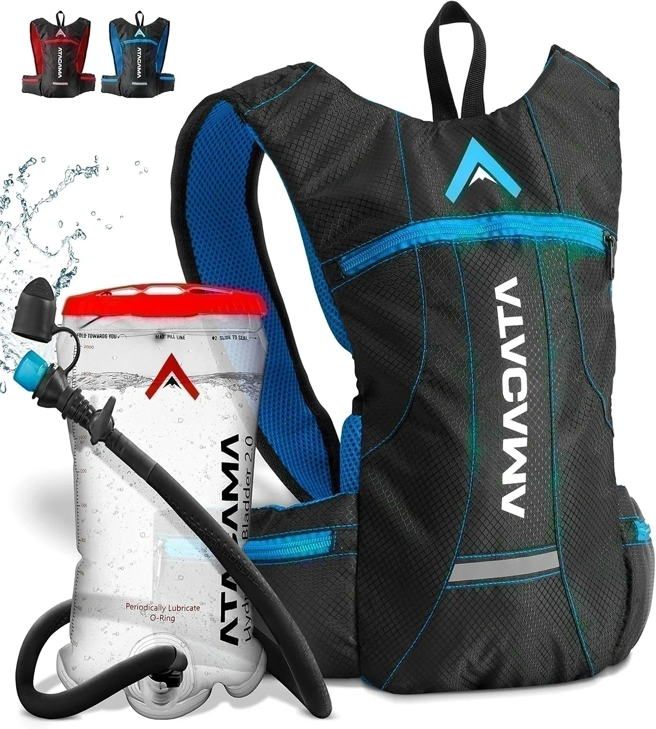 Bild von Atacama Trinkblase 2L mit leichtem Rucksack in Rot oder Blau, wasserdicht und ideal für Trekking, Wandern und Fahrradfahren