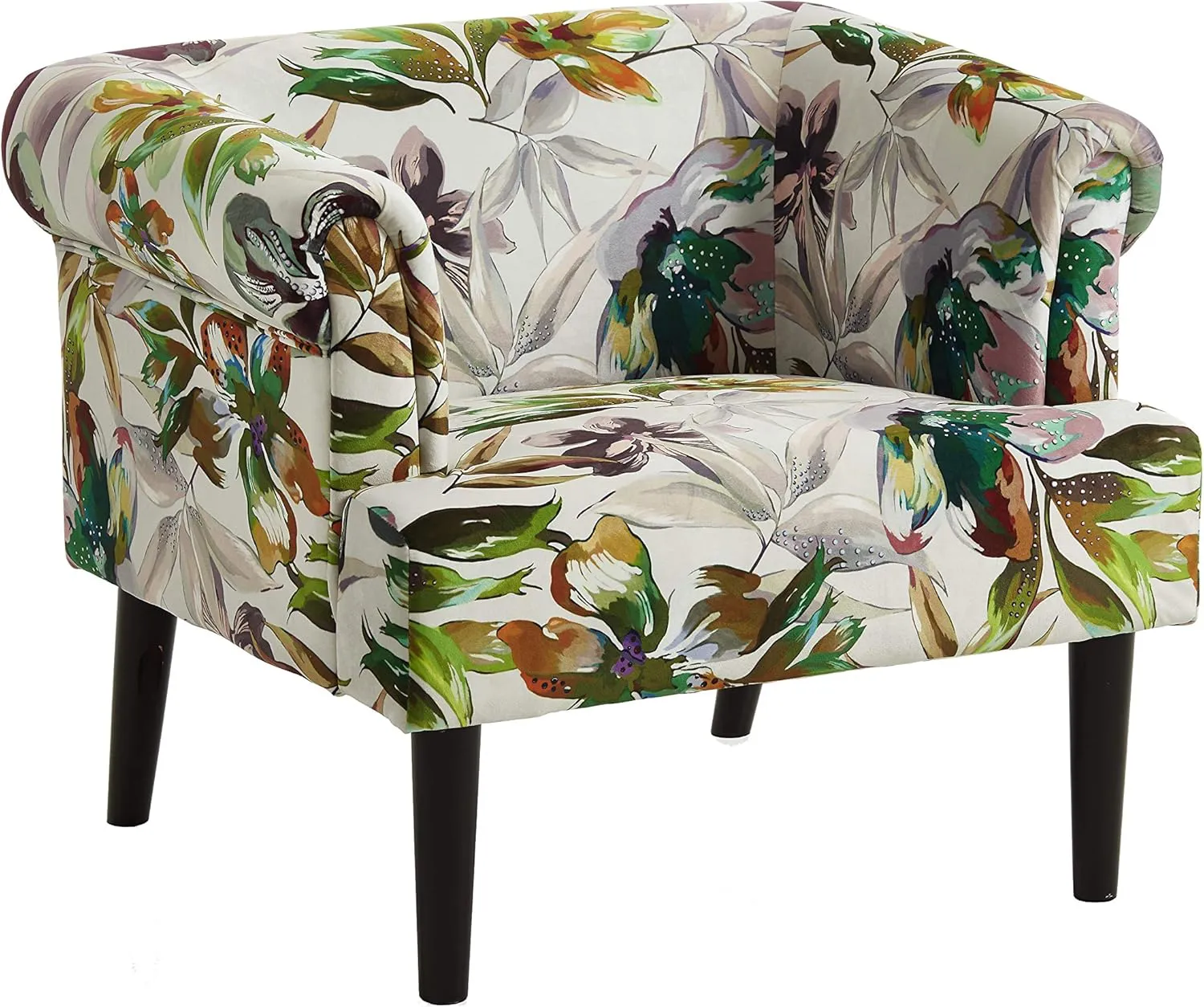 Bild von Atlantic Home Collection Charlie Sessel mit Armlehnen und Massivholzfüßen im weißen Blumenmuster, Maße 74 x 86 x 70 cm