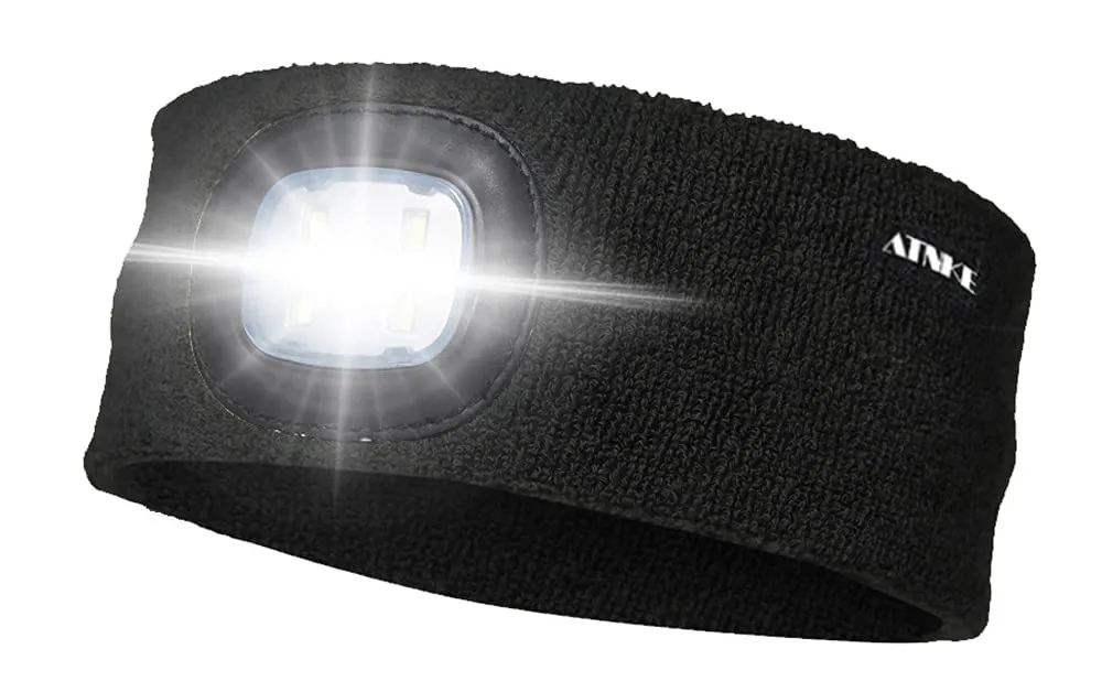 Bild von ATNKE LED Stirnband mit 4 hellen LEDs, wiederaufladbar über USB, ideal für Winter und als Geschenk, in Schwarz
