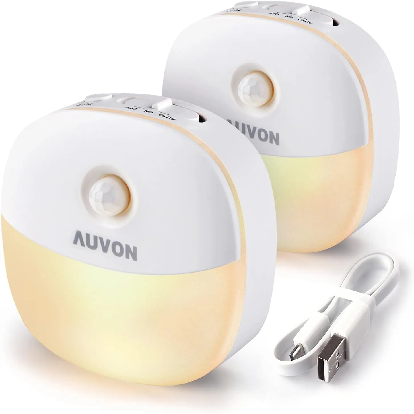 Bild von AUVON LED Nachtlicht Set mit Bewegungsmelder und drei Modi für Kinderzimmer, Schlafzimmer und Flur, wiederaufladbar über USB, zwei Stück