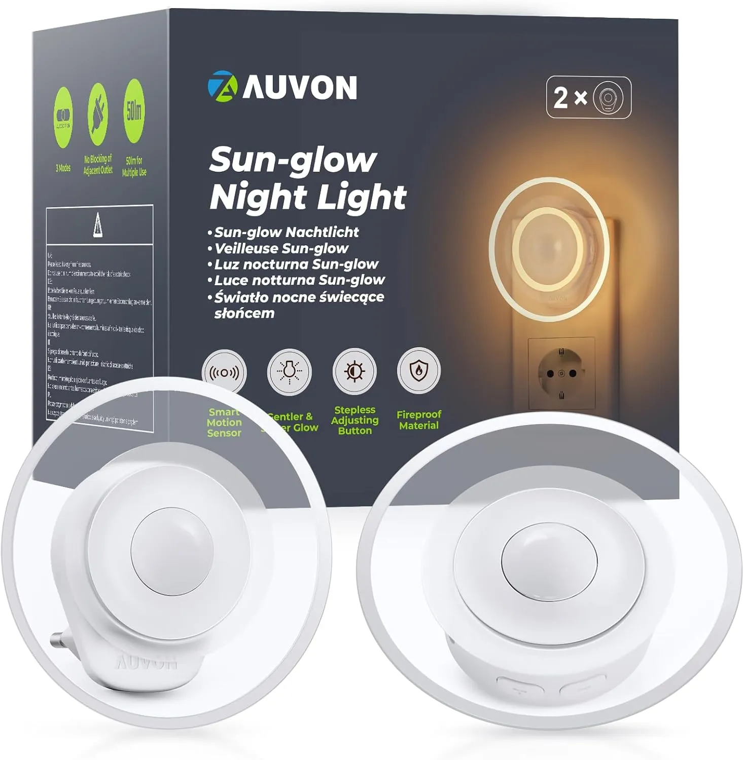Bild von AUVON Nachtlicht mit Bewegungssensor im 2er Set, warmweiß, einstellbare Helligkeit für verschiedene Räume