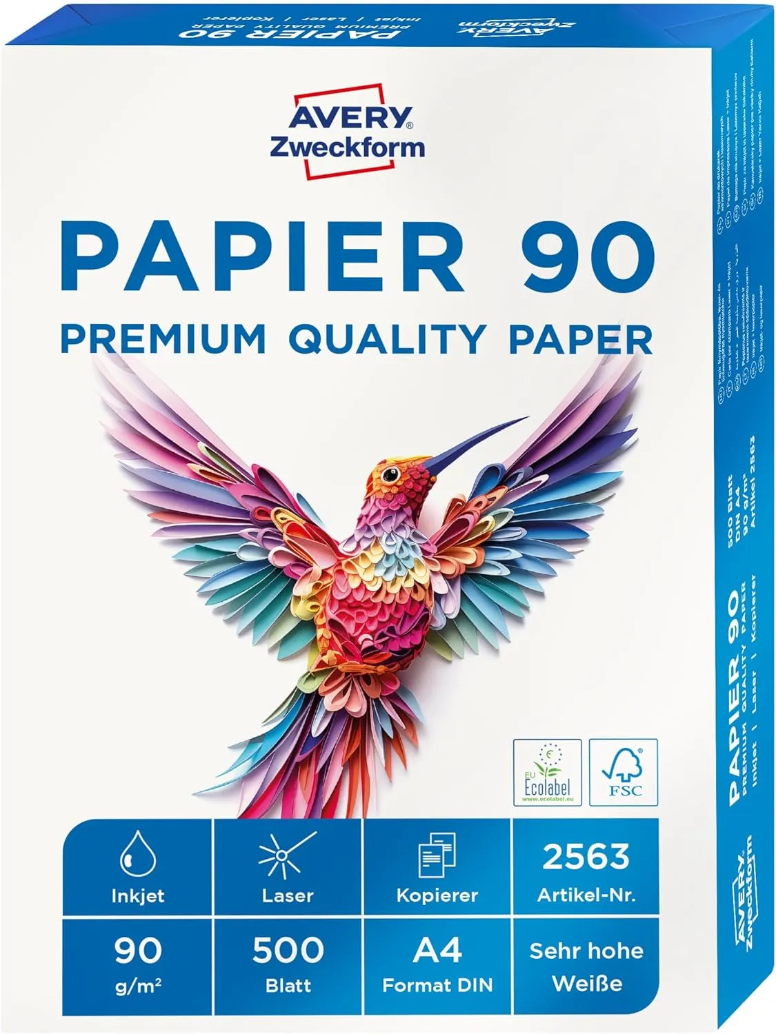 Bild von AVERY Zweckform 2563 Druckerpapier Pack mit 500 Blatt, 90 g/m², hochweiß, DIN A4, für alle Drucker