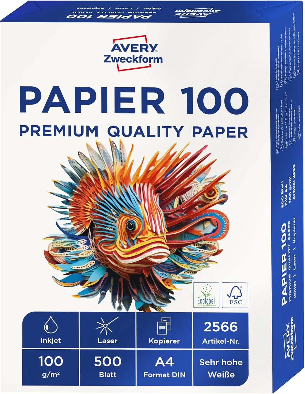 Bild von AVERY Zweckform 2566 Druckerpapier Pack mit 500 Blatt, 100 g/m², DIN A4, hochweiß für alle Drucker