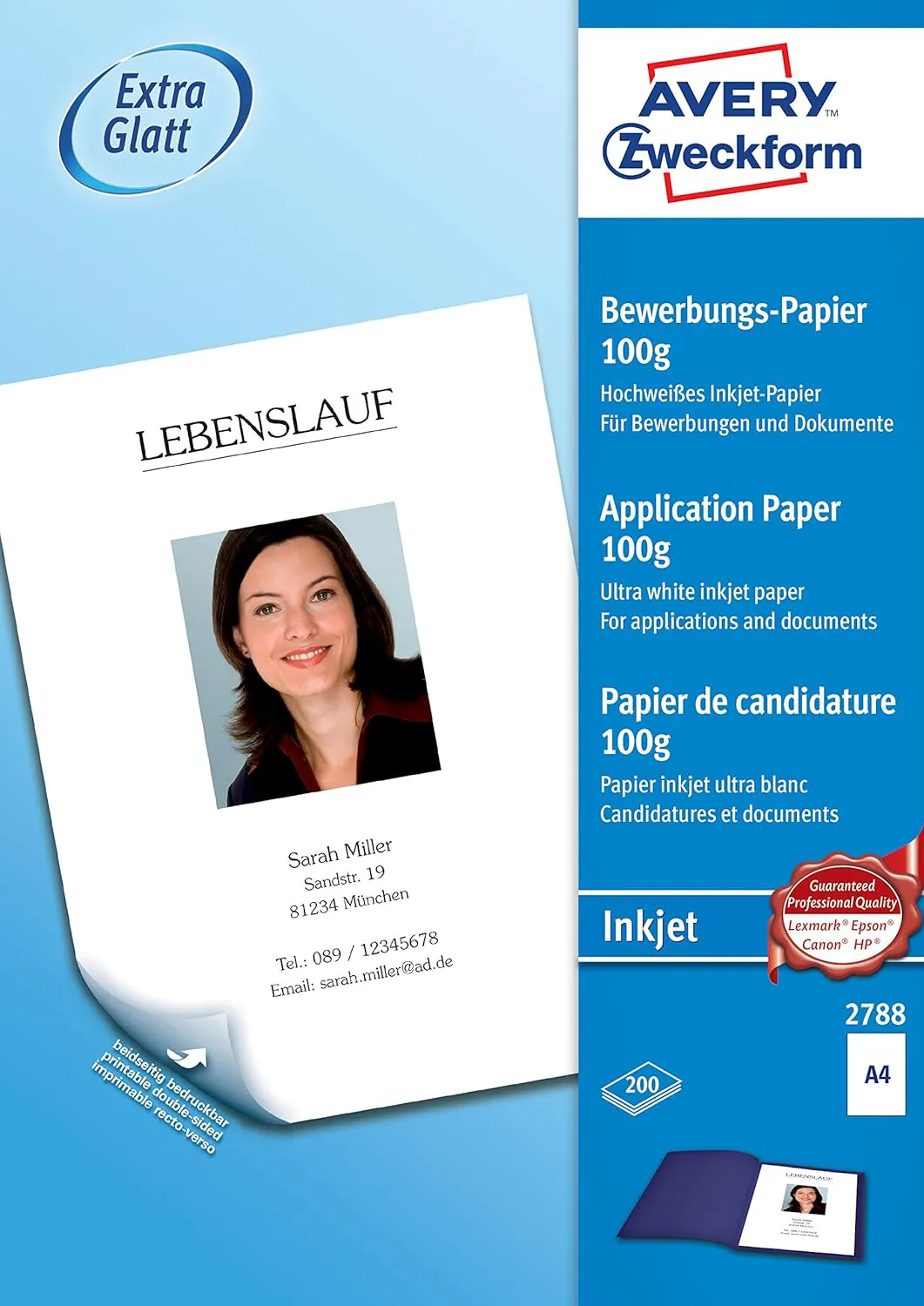 Bild von AVERY Zweckform 2788 Bewerbungspapier für Inkjetdrucker mit 200 Blatt, 100 g/m², beidseitig satiniert und geeignet für Bewerbungen und Präsentationen