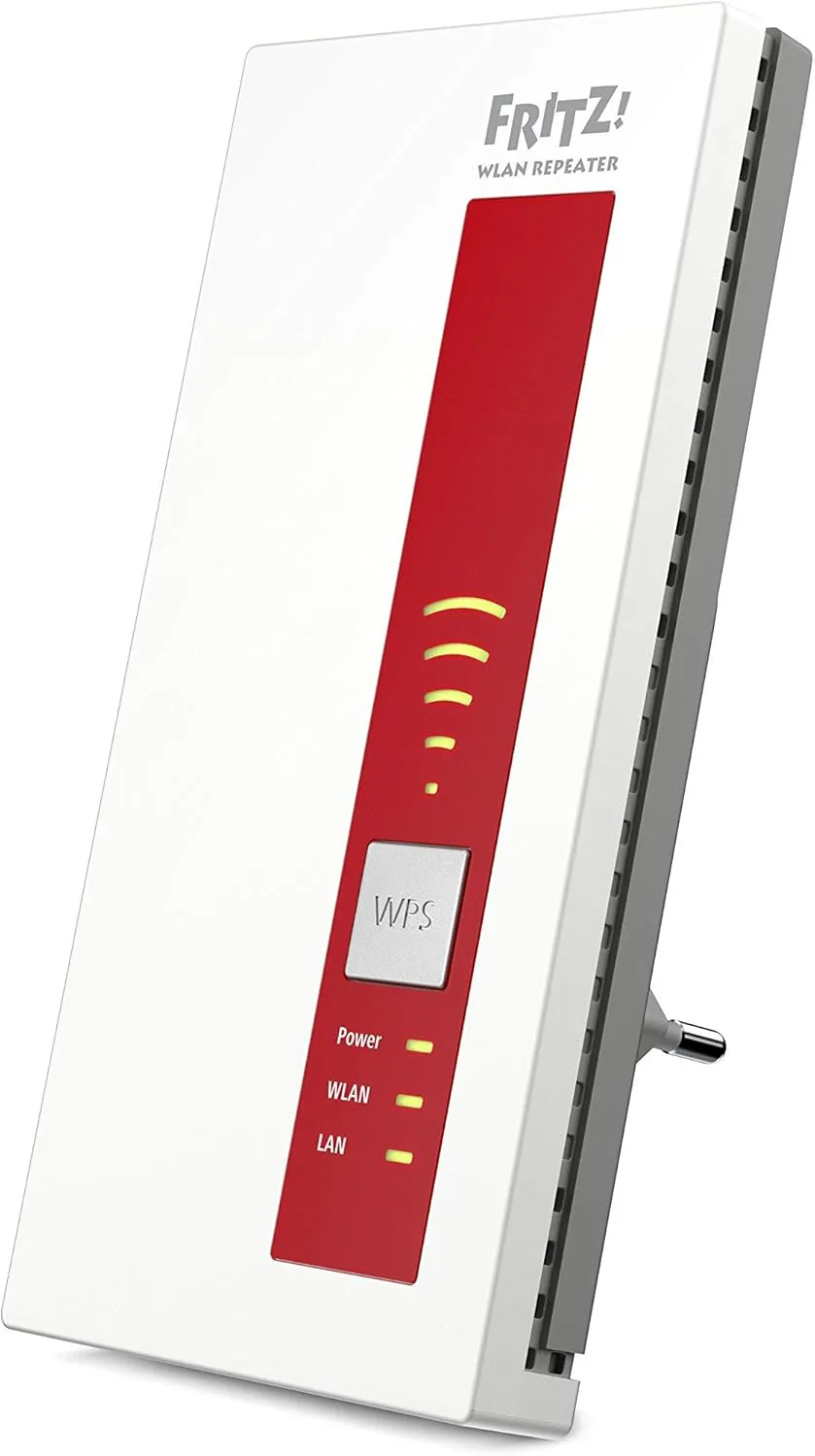 Bild von AVM FRITZ WLAN Mesh Repeater 1750E in rot und weiß mit Dual-WLAN bis zu 1300 MBit/s auf 5 GHz und 450 MBit/s auf 2,4 GHz