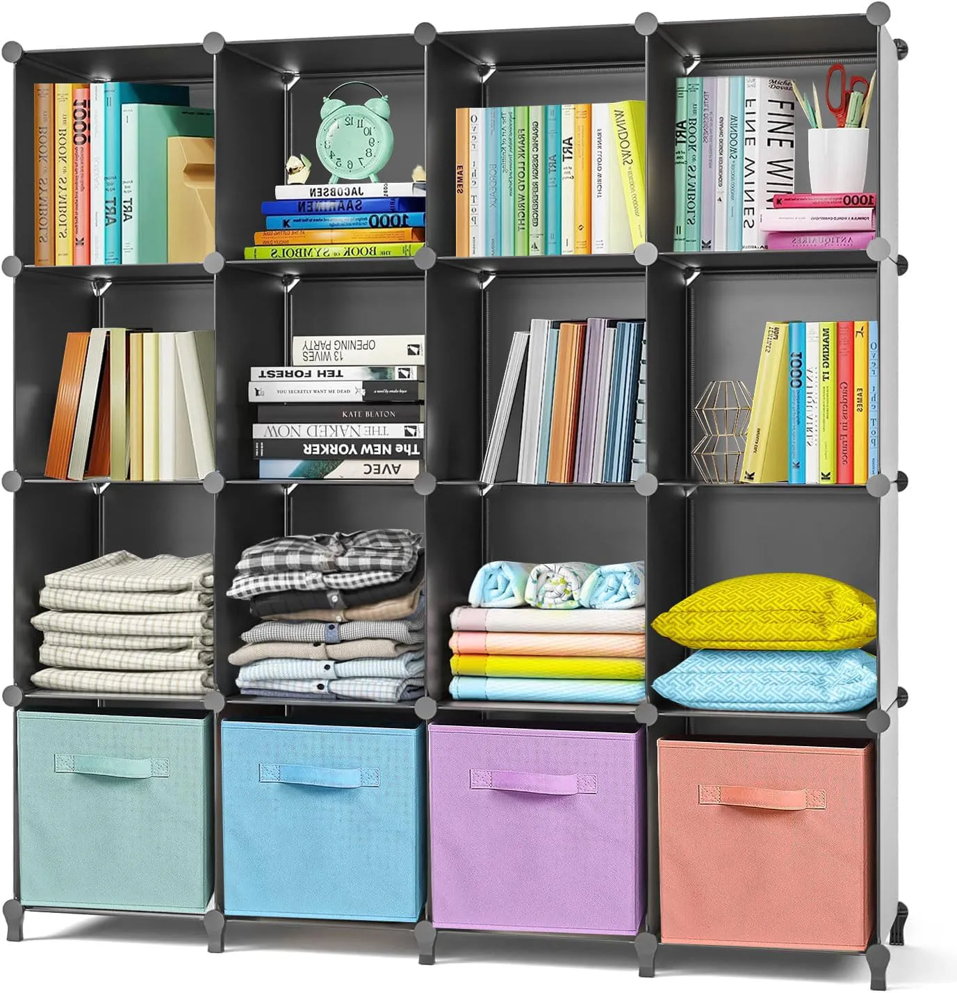 Bild von AWTATOS Kleiderschrank mit 16 Würfeln aus Kunststoff, DIY Regal in Schwarz, ideal als Kinder- und Spielzeugregal, Modell ULPZ017