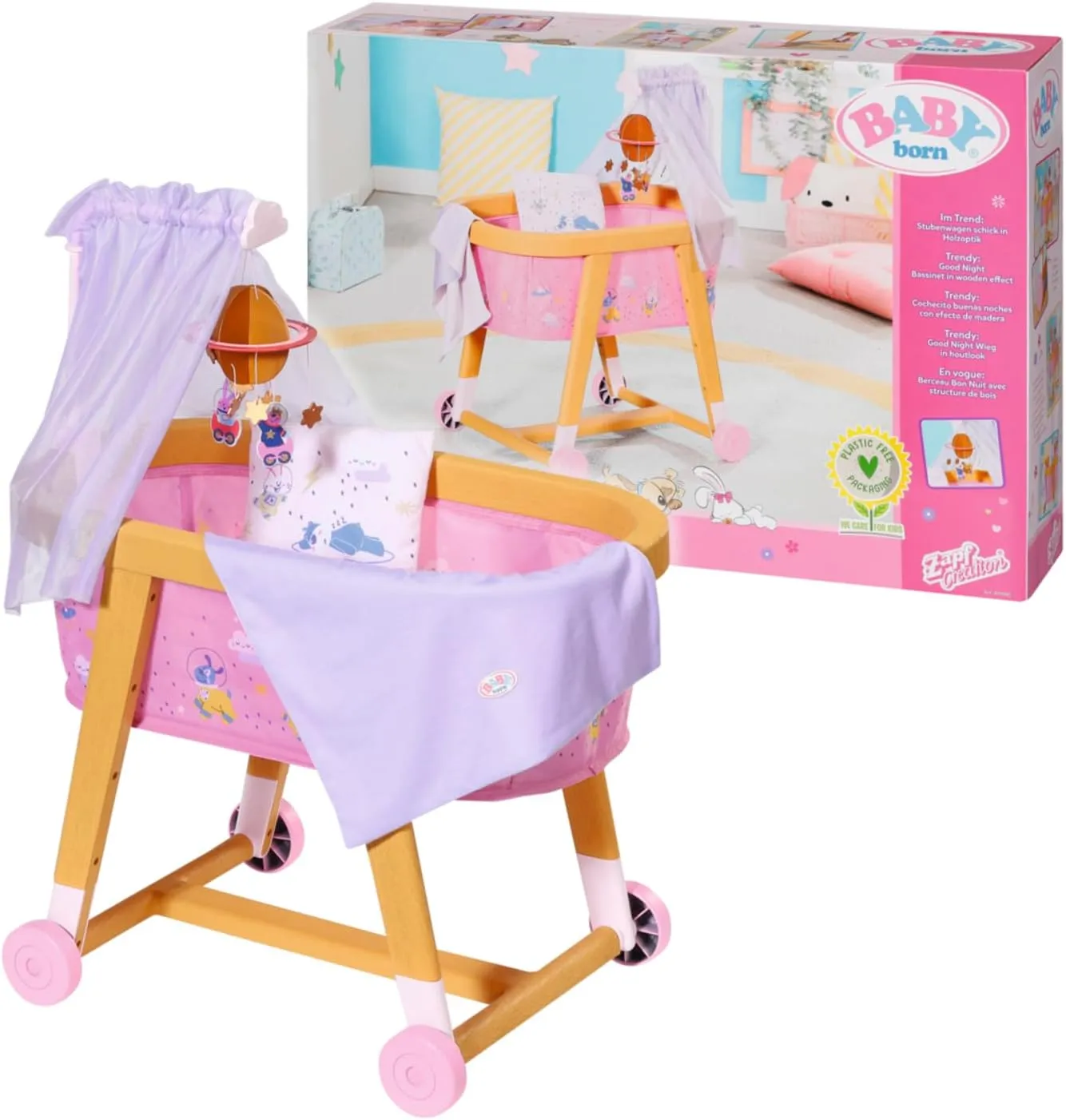 Bild von BABY born Stubenwagen 829981 mit Rollen, Stoffhimmel, Mobile, Decke und Kissen von Zapf Creation