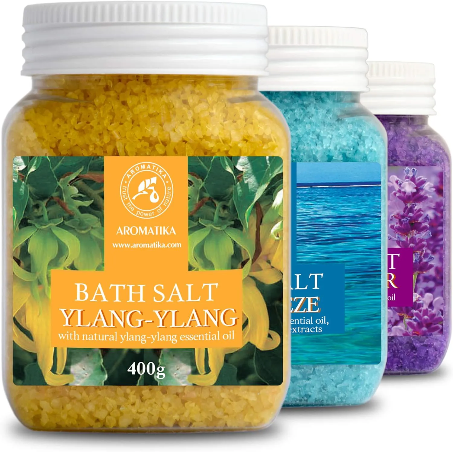 Bild von Badesalz Set mit drei 400g Packungen in Lavendel, Meeresbrise und Ylang-Ylang für Entspannung und Stressabbau