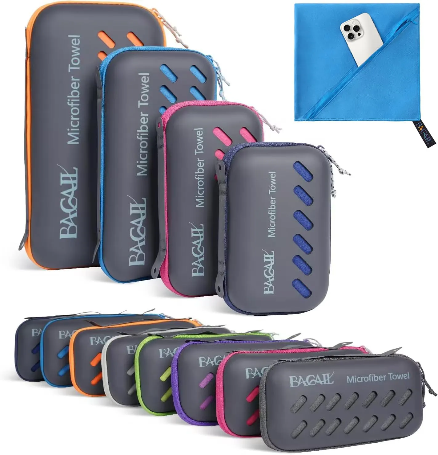 Bild von BAGAIL Mikrofaser Handtuch Set mit atmungsaktiver Eva Box, kompakt und schnelltrocknend, ideal für Sport, Strand, Reisen und Baden