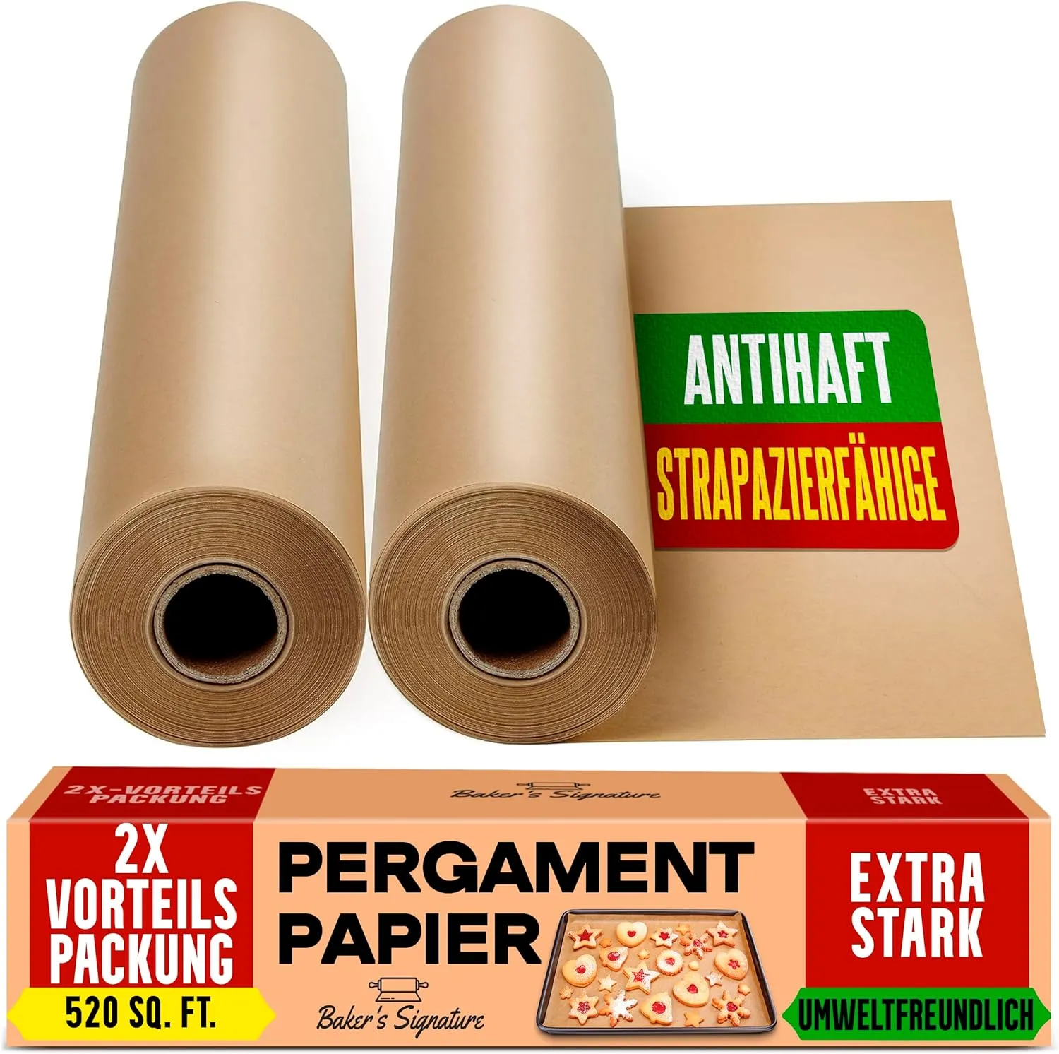Bild von Baker's Signature Backpapier 2er Pack mit 38 cm x 64 m Rollen und Schneidemesser, antihaftbeschichtet für Backen, Kochen und Grillen