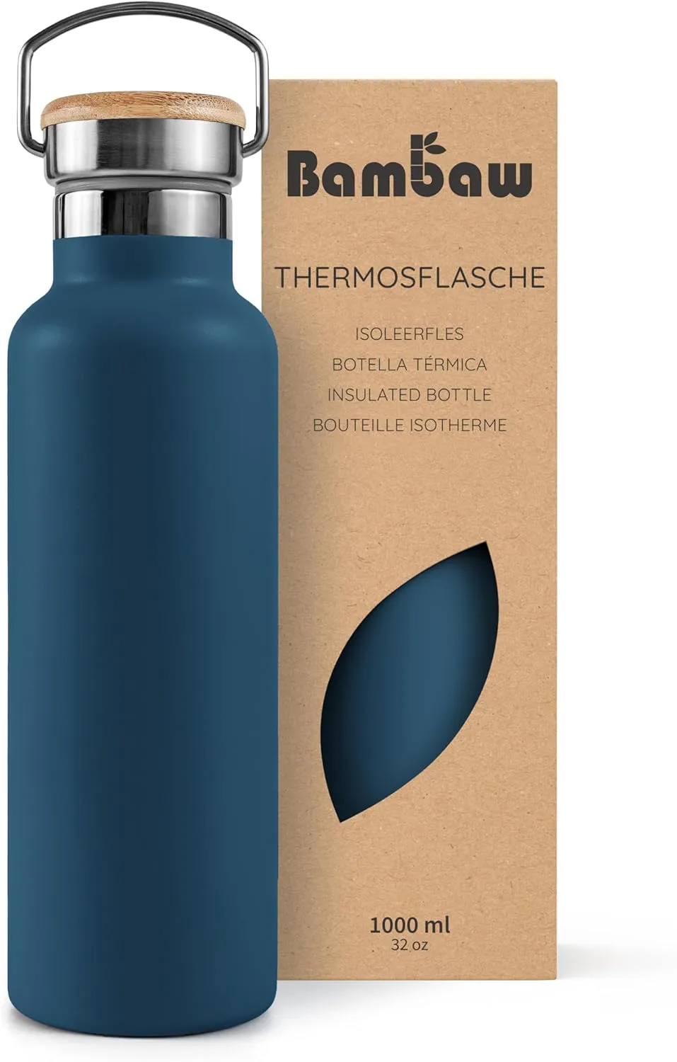 Bild von Bambaw 1 Liter Thermosflasche in Azurblau, aus Edelstahl und auslaufsicher