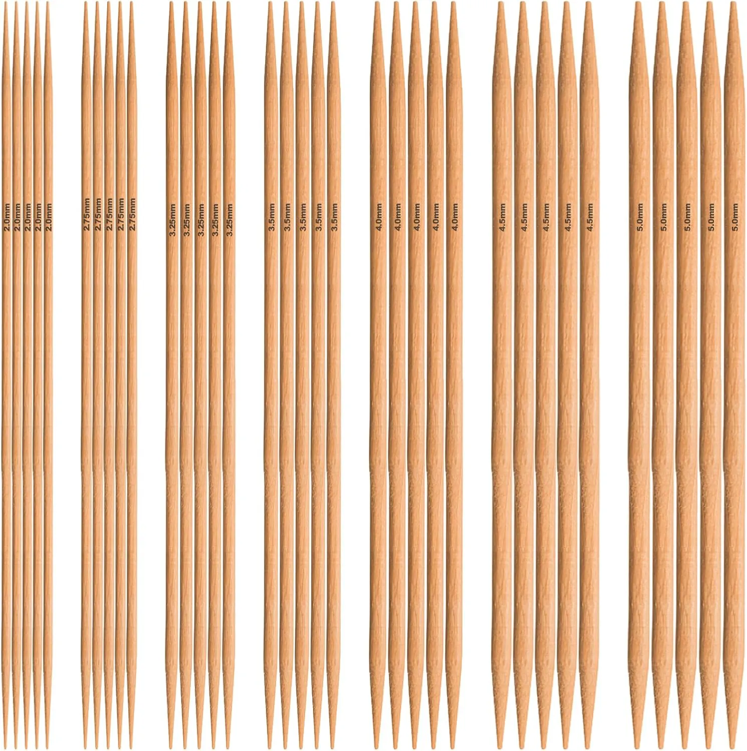 Bild von Bambus Stricknadel Set mit 35 Nadeln in 7 Größen für Socken und Handarbeiten, 21 cm lang, Nadelstärke 2 bis 5 mm