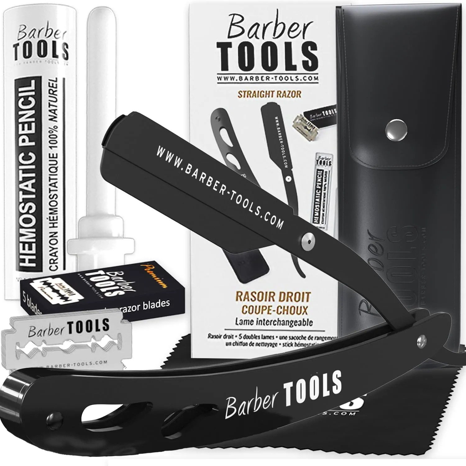 Bild von Barber Tools Rasiermesser Set mit Box, 5 Klingen, Poliertuch und Etui