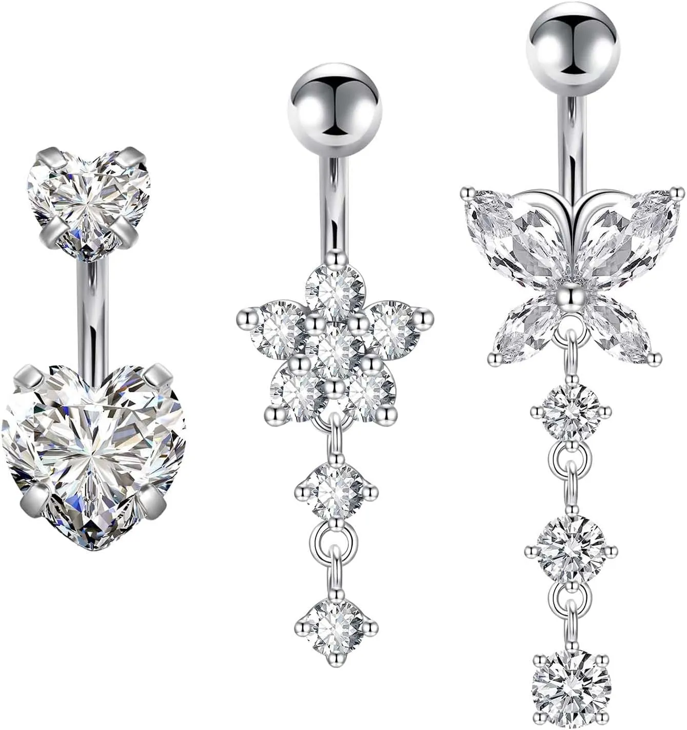 Bild von Bauchnabelpiercing Set mit 3 Stück aus hypoallergenem Chirurgenstahl und Zirkon-Dekoration