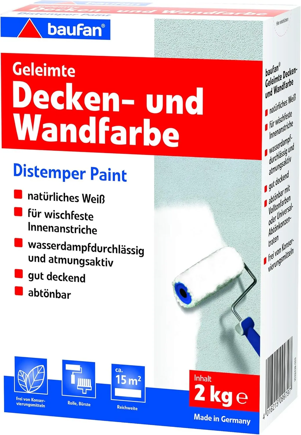 Bild von Baufan 5er Pack weiße Decken und Wandfarbe mit 2 kg Trockenfarbe