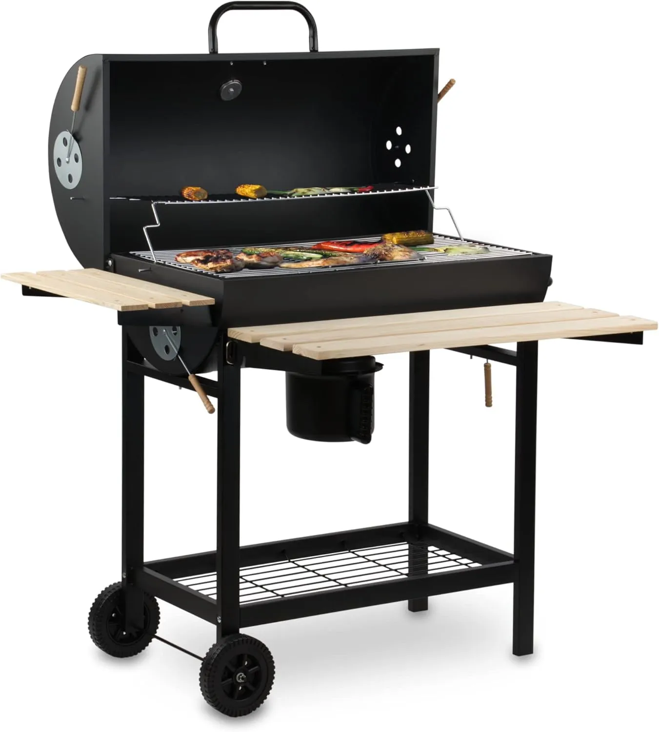 Bild von BBQ-Toro Holzkohle Grillwagen mit Deckel und einem Durchmesser von 80 cm, fahrbar mit Thermometer, Warmhalterost und Holzablagen