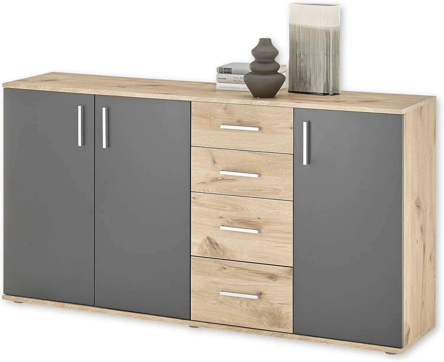 Bild von BC 1040 Sideboard in Grau mit Viking Oak Optik, moderne Kommode mit Schubladen und viel Stauraum, Maße 160 x 84 x 35 cm