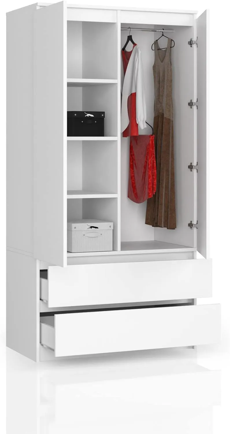 Bild von BDW Kleiderschrank mit 2 Türen, 4 Einlegeböden und 2 Schubladen in Weiß, Maße 180x90x51cm