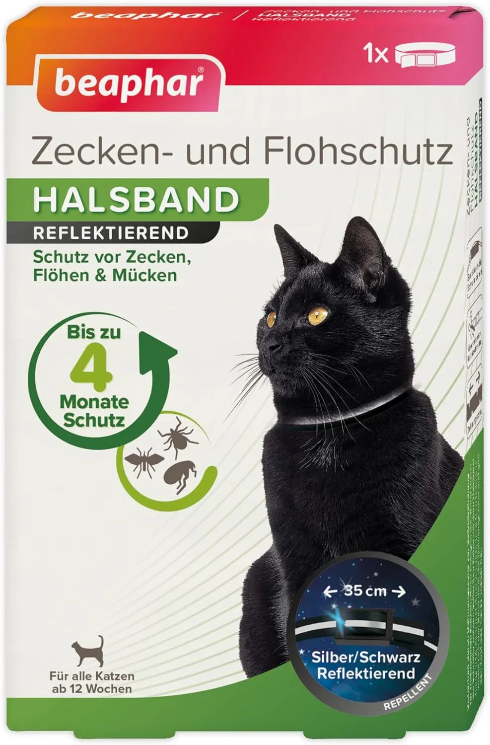 Bild von Beaphar Zecken- und Flohschutz Halsband für Katzen ab 12 Wochen, 35 cm lang, silber-schwarz, bietet 4 Monate Schutz und ist regenfest und reflektierend