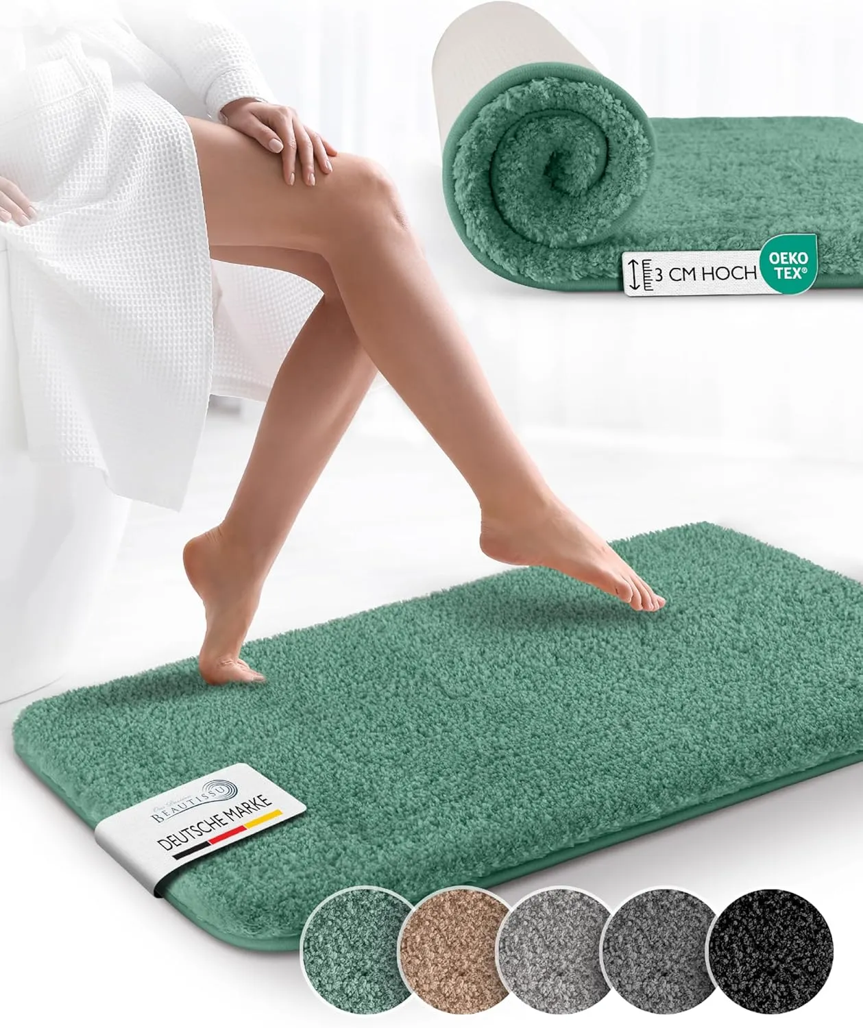 Bild von Beautissu BeauMare FL Badematte 120x70 cm in Mintgrün, rutschfest und waschbar, Hochflor Shaggy Optik