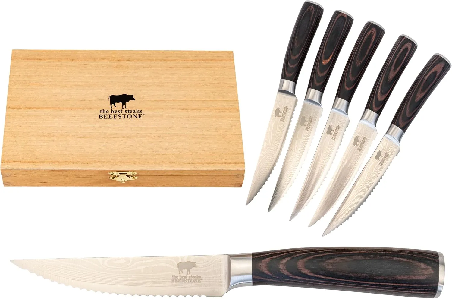 Bild von BEEFSTONE Steakmesser Set mit 6 Messern und 12 cm Klinge aus rostfreiem Edelstahl in einer Holzaufbewahrungskiste