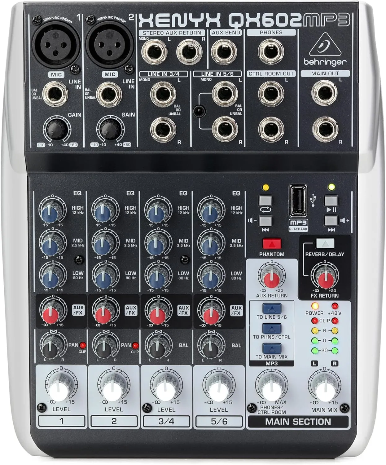 Bild von Behringer XENYX QX602MP3 Mixer mit 6 Eingängen, Mic Preamps, British EQ, MP3 Player und Multi-FX