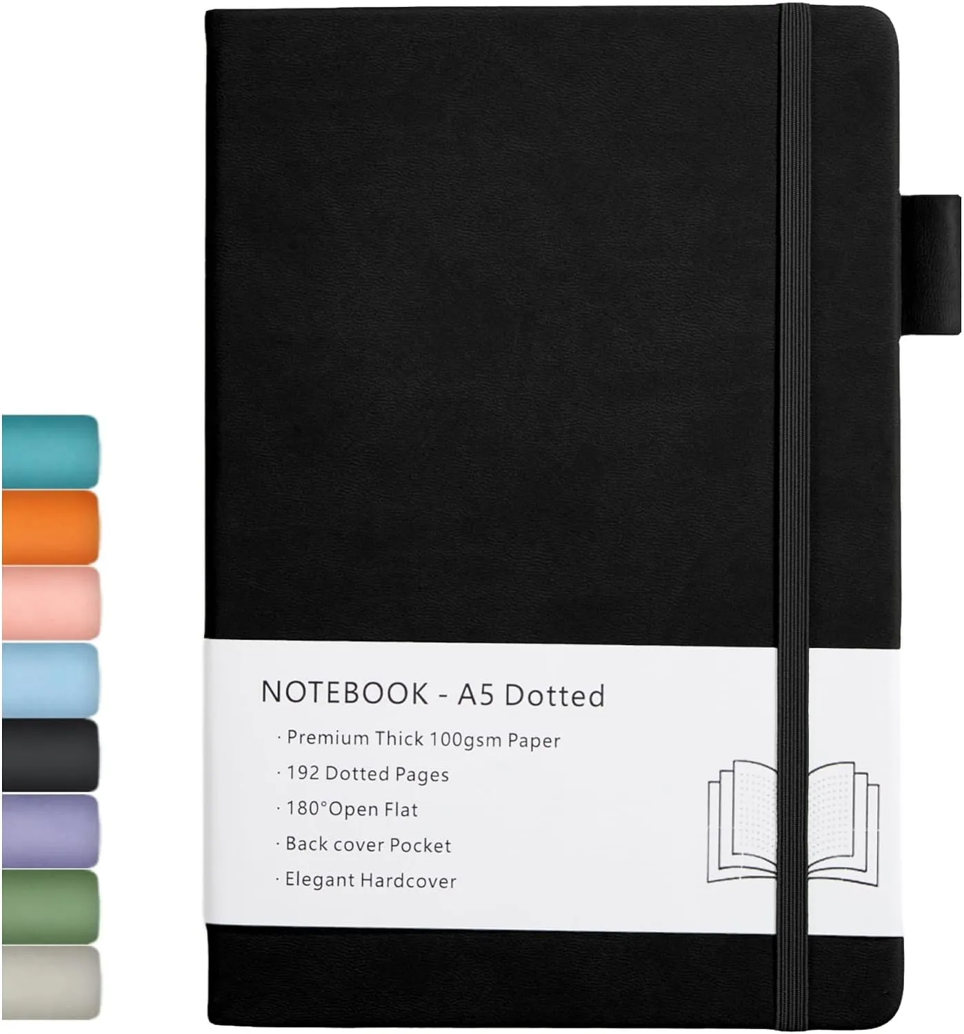 Bild von Beinushor A5 Dotted Notizbuch mit 192 Seiten aus 100 GSM Papier, Kunstlederbezug und Gummiband, schwarz
