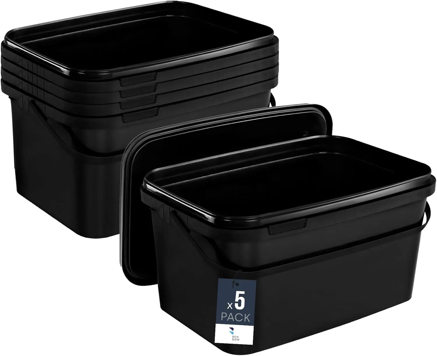Bild von BenBow rechteckiger Eimer mit Deckel 5 Liter in Schwarz, lebensmittelecht und stapelbar, ideal für Haushalt und Gewerbe