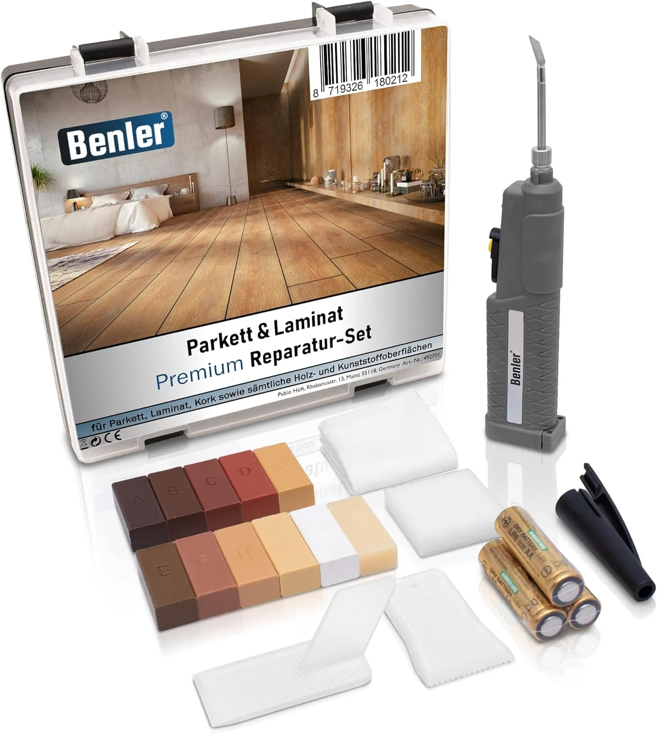Bild von BENLER Holz Reparaturset mit 2in1 Wachsschmelzer für Laminat, Parkett, Vinyl, PVC und Kunststoff